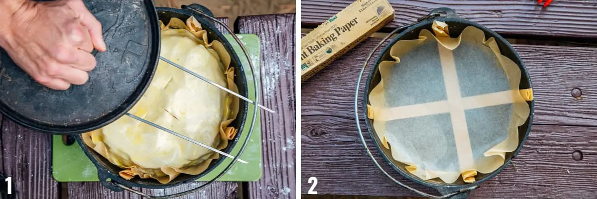 First photo shows a Dutch oven with metal skewers laid across the top. Second photo shows Dutch oven with a circle of brown parchment paper inside