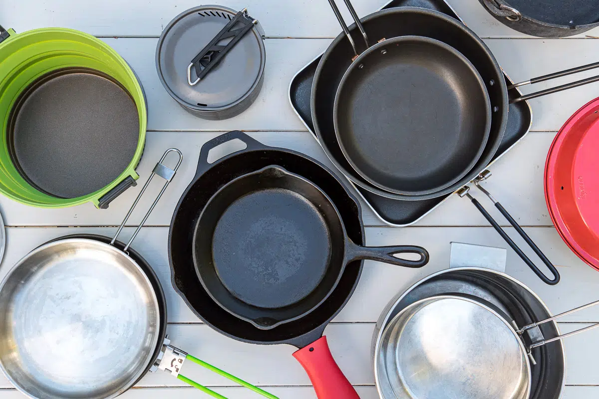 Camping pots and pans on a table