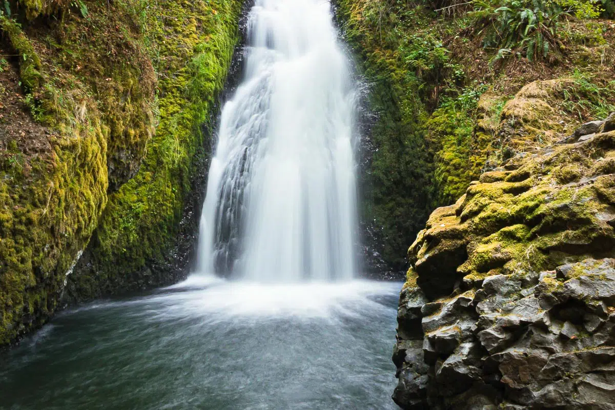 Bridal Veil Falls flowing into a blue pool