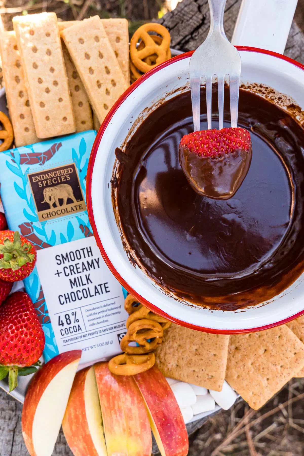 Chocolate fondue surrounded by dipping items