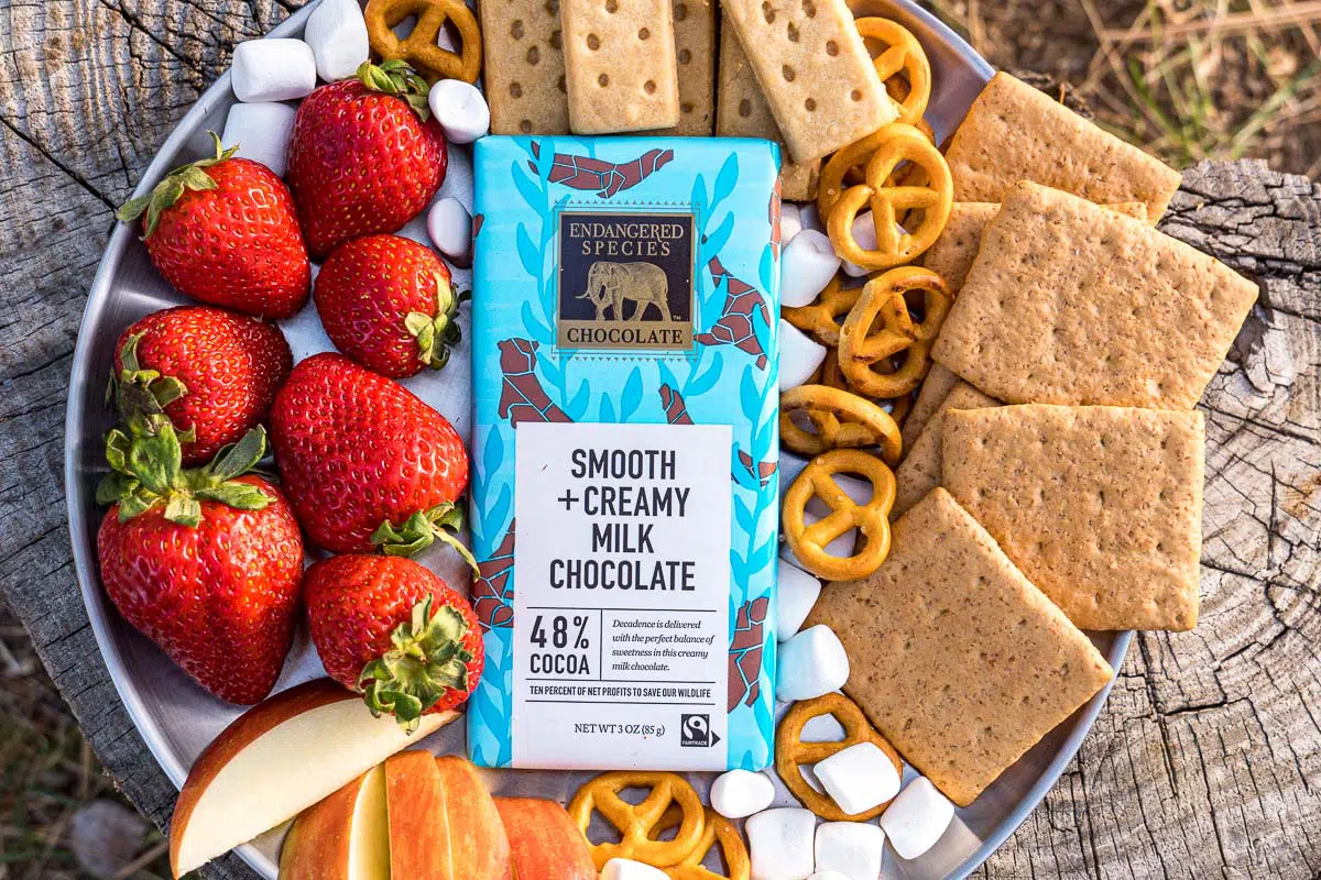 A bar of chocolate on a plate surrounded by strawberries, pretzels, and graham crackers