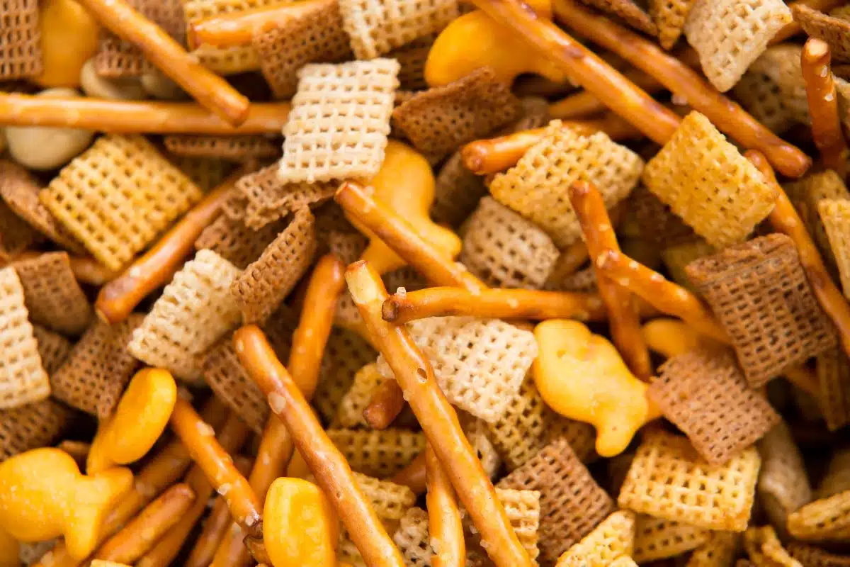 Pretzels, chex, and goldfish crackers.