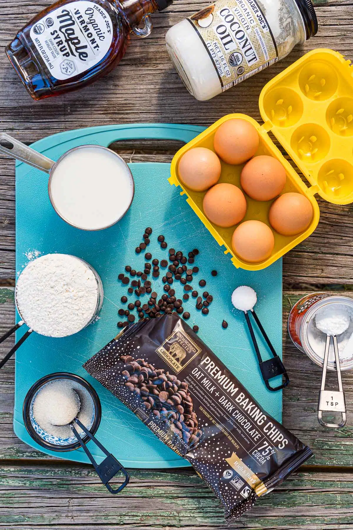 Ingredients for chocolate chip pancakes laid out on