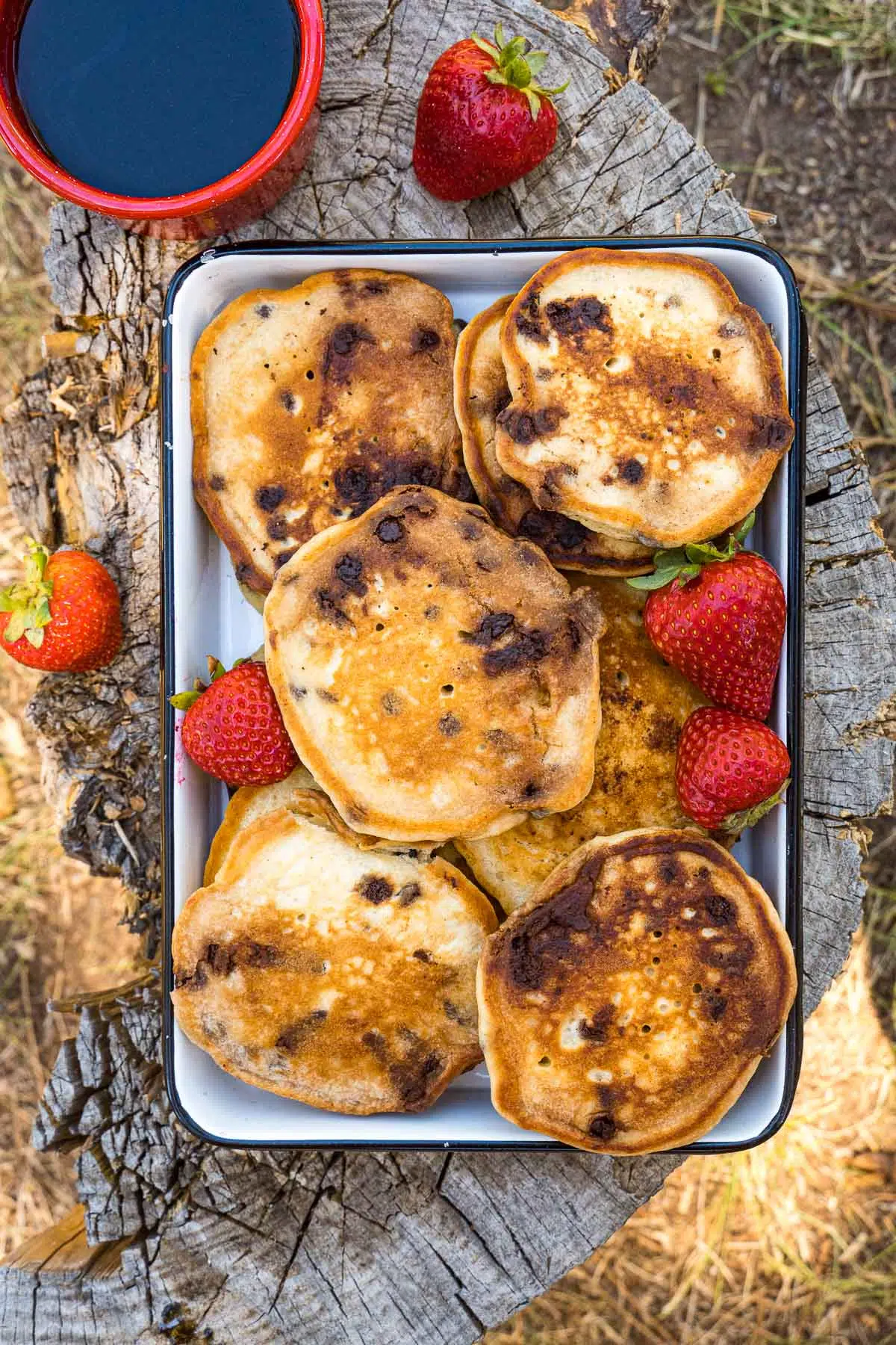 A platter of chocolate chip pancakes on a tree stump