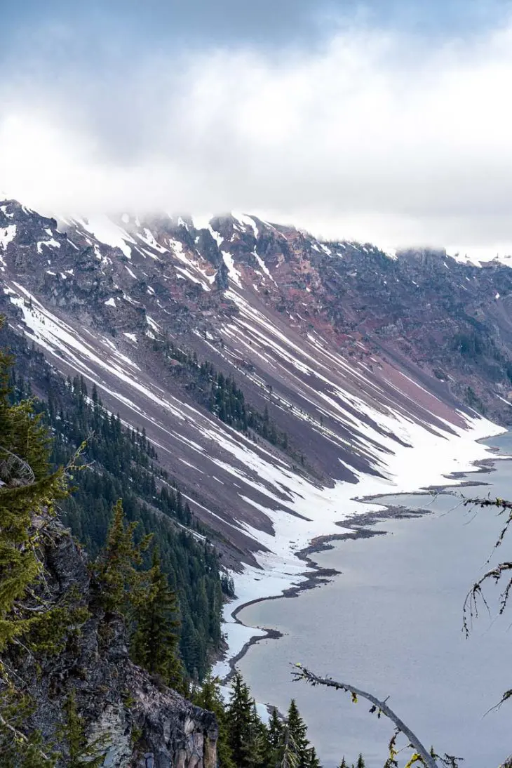 The shoreline of Crater Lake where it meets the caldera walls.