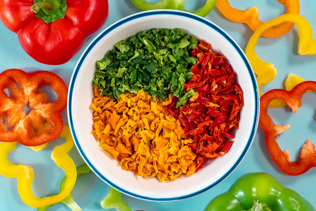 Colorful dehydrated bell peppers in a bowl