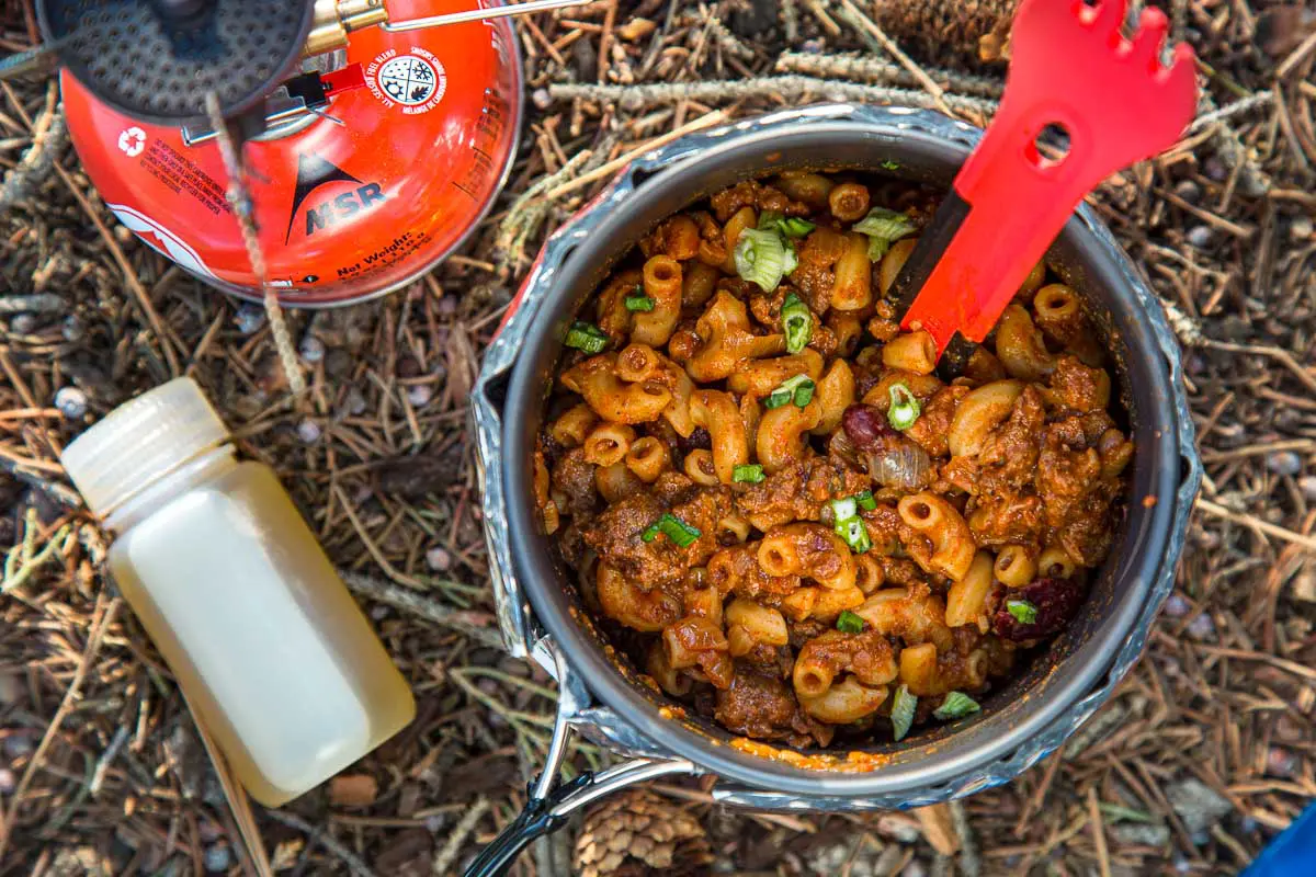 A pot full of backpacking chili mac.