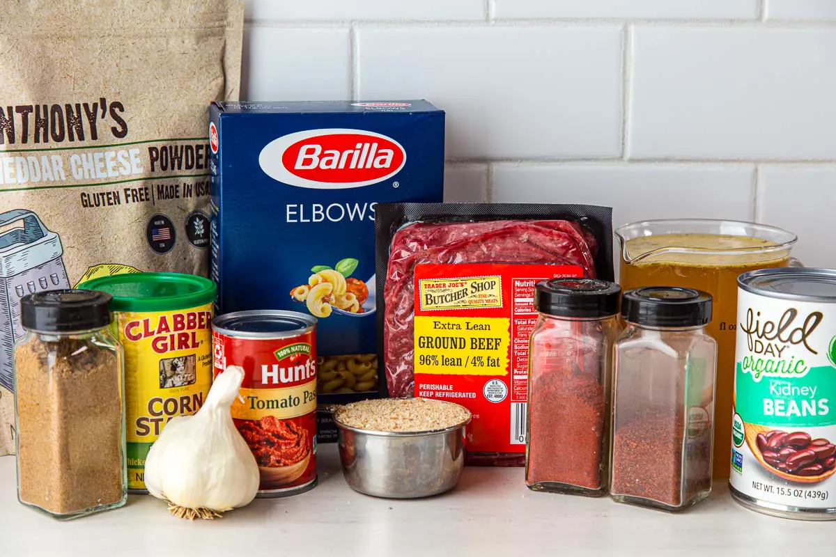 Ingredients for chili mac lines up on the counter