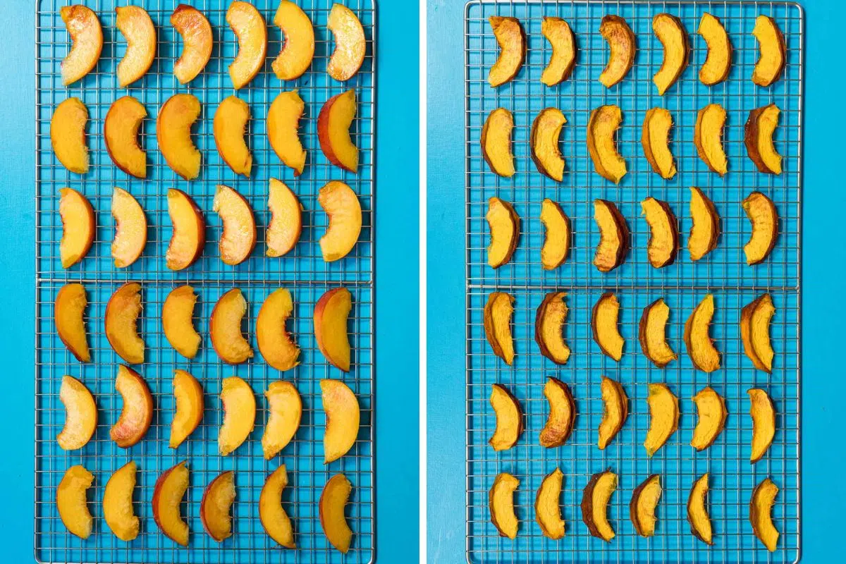 Before and after photos of dehydrated peaches