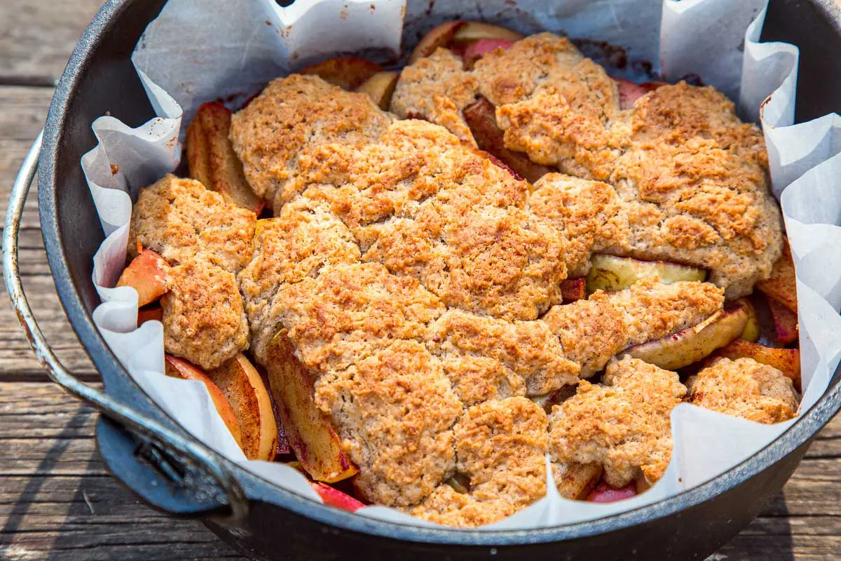 Apple cobbler in a Dutch oven