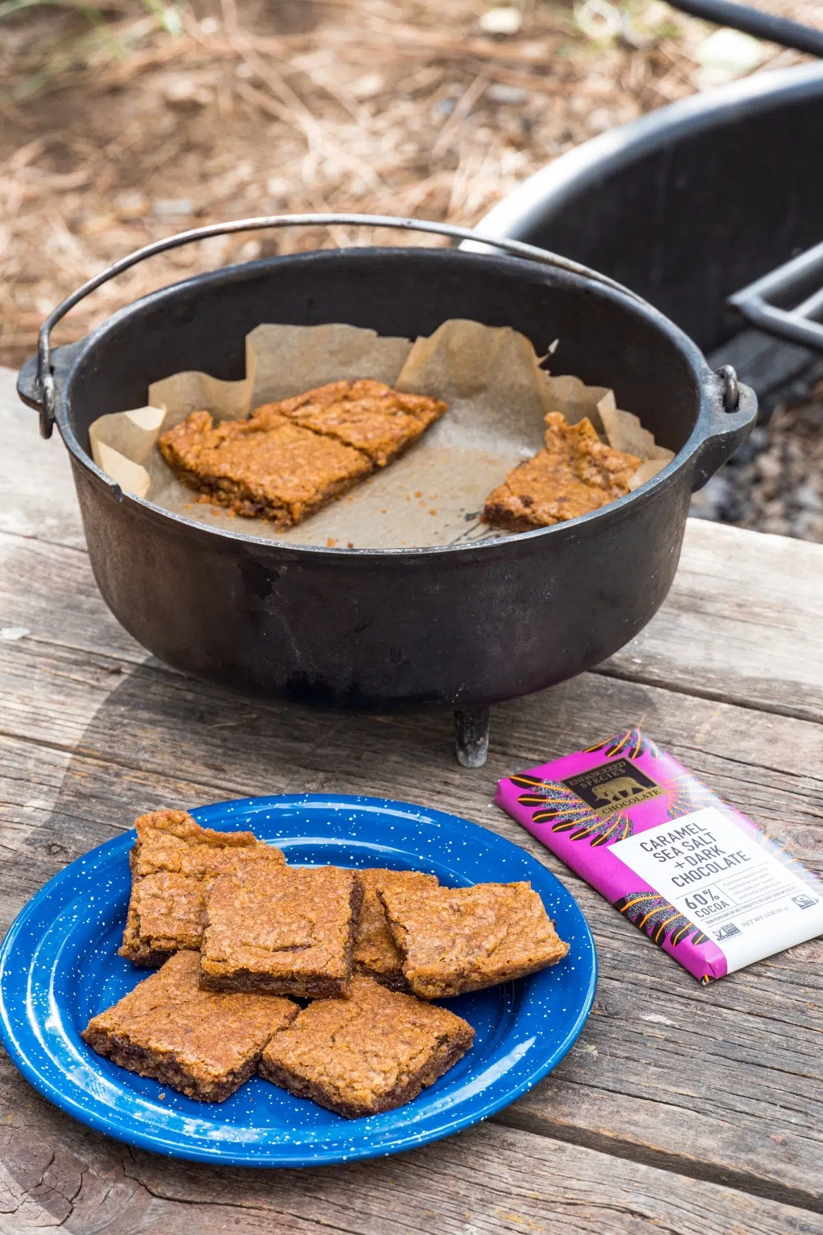 A plate of blondies next to a Dutch oven