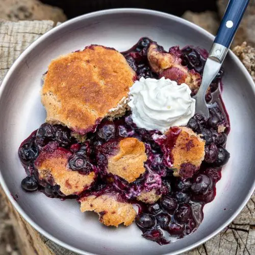 Blueberry cobbler and whipped cream on a plate