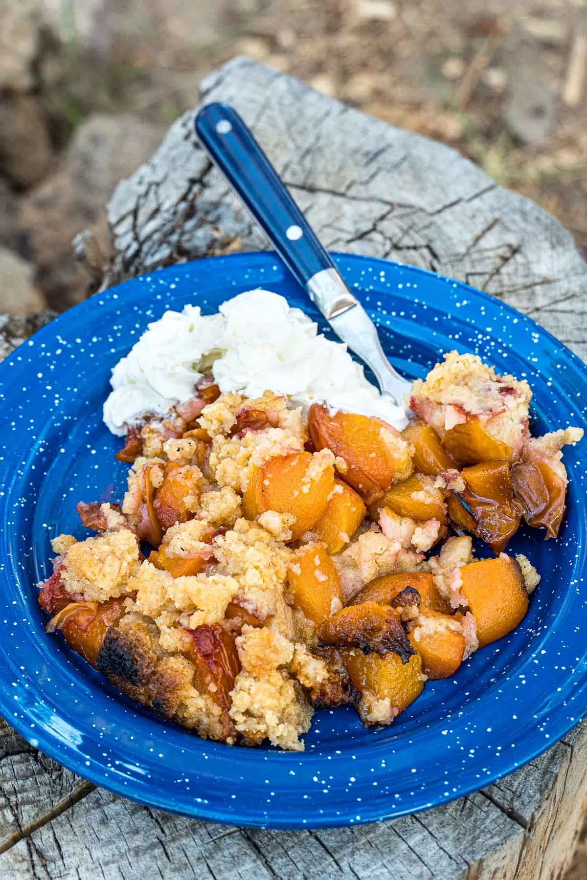 Peach cobbler and whipped cream on a blue plate