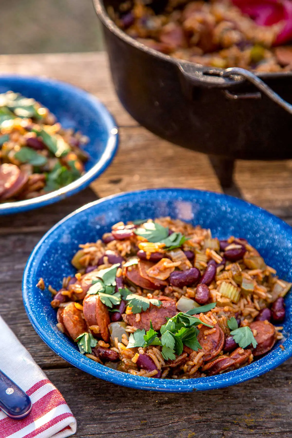 A blue bowl of red beans and rice with a Dutch oven in the background