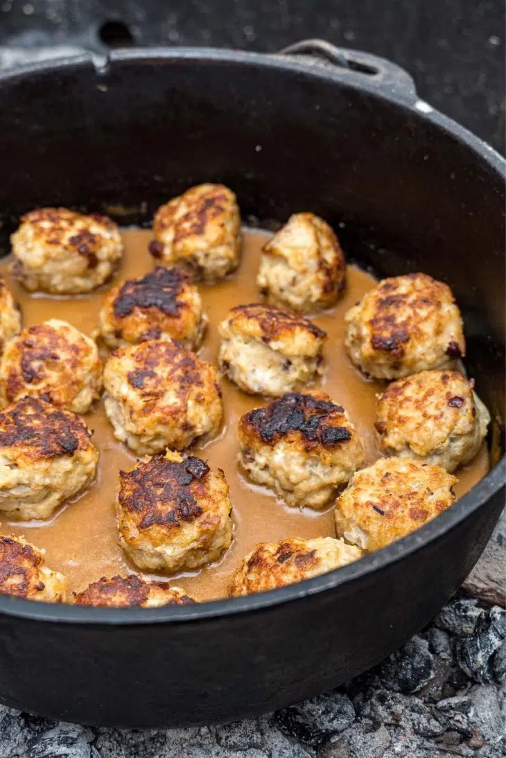 Thanksgiving meatballs in gravy in a dutch oven