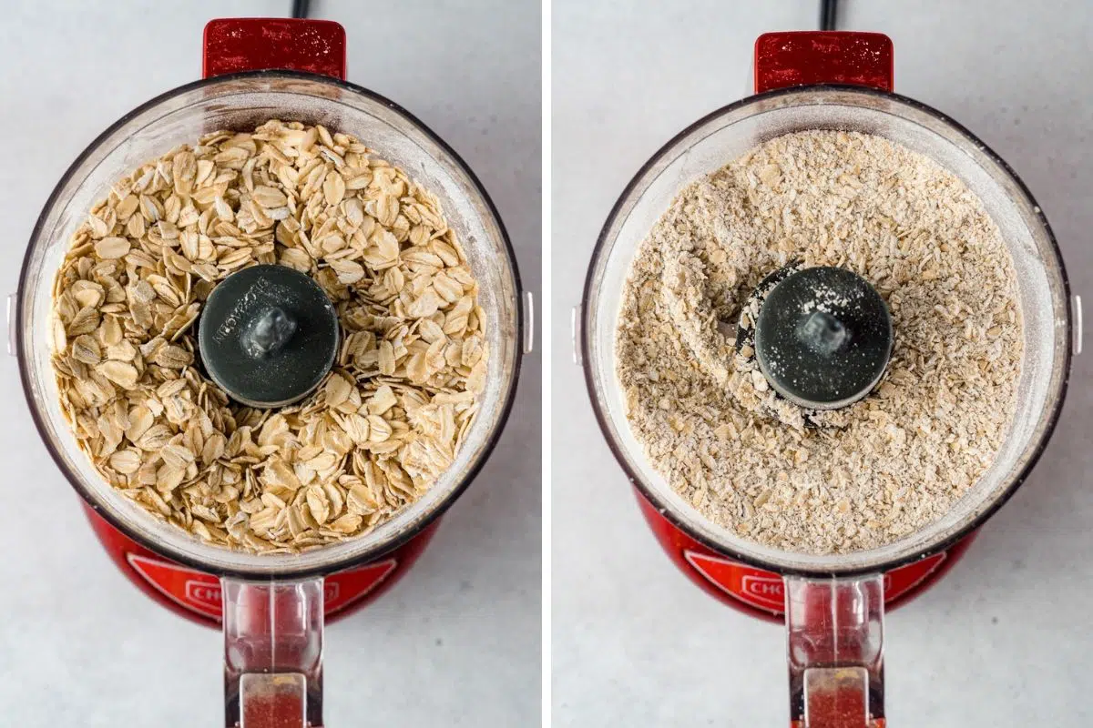 Oats in a food processor, first whole then ground to flour