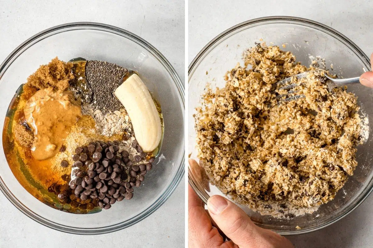 Ingredients for granola bites in a bowl, first whole then mixed together