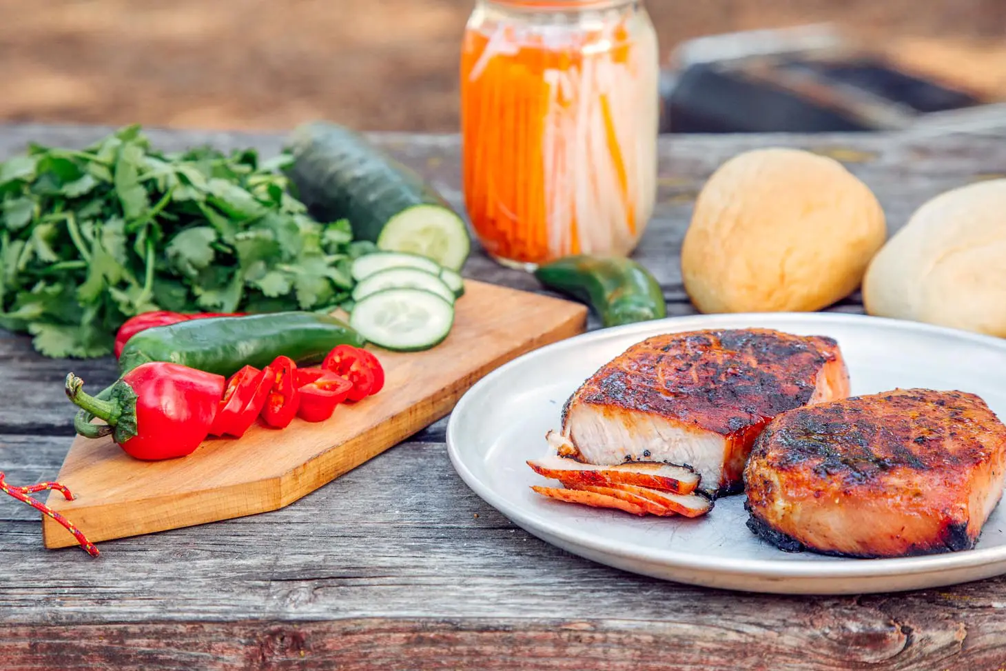 Sliced grilled pork loin on a plate