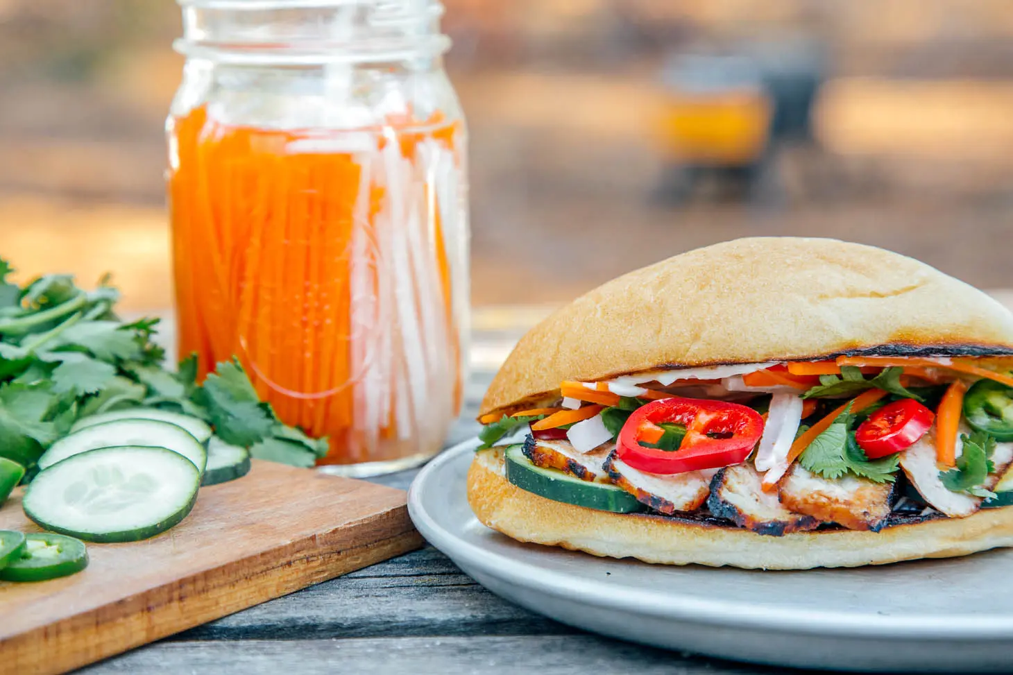 Side view of a grilled banh mi sandwich