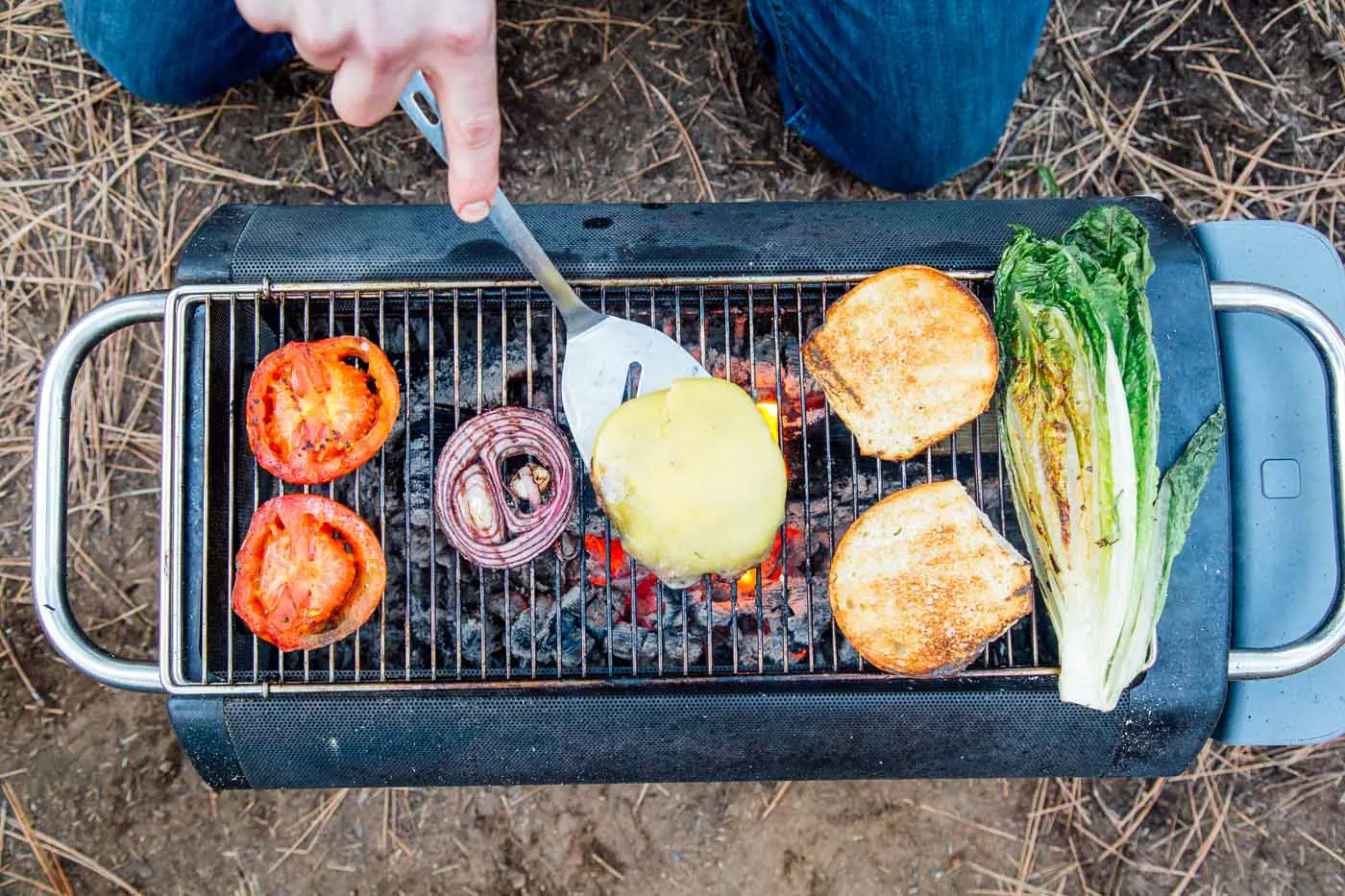 Overhead view of tomatoes, onions, and burgers on a grill