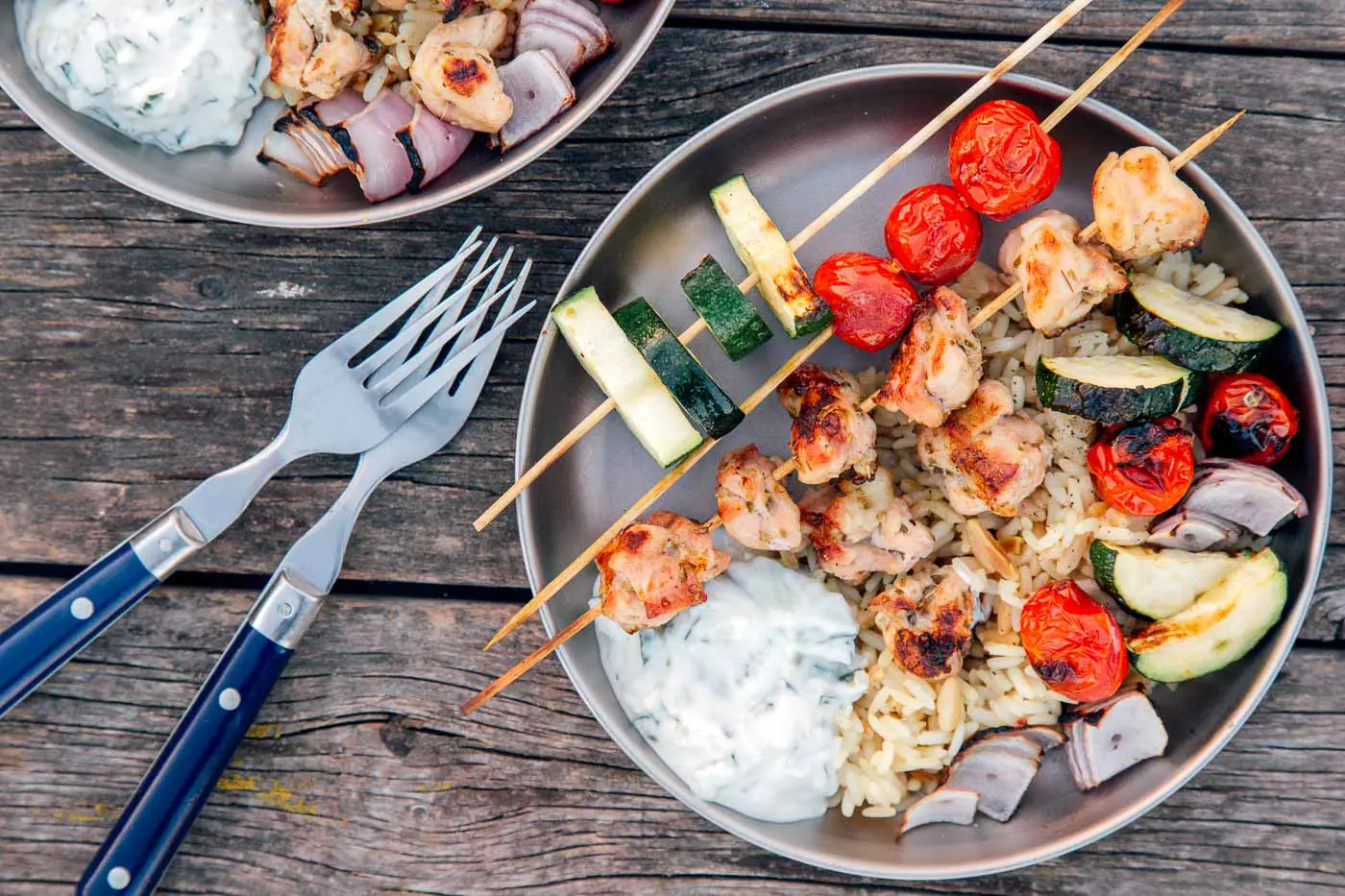 Grilled chicken and vegetable skewers with tzatziki sauce on a plate