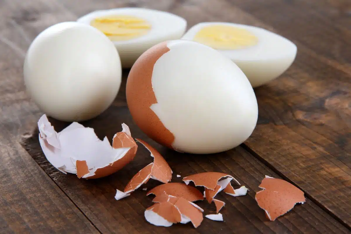 Peeled hard boiled eggs.