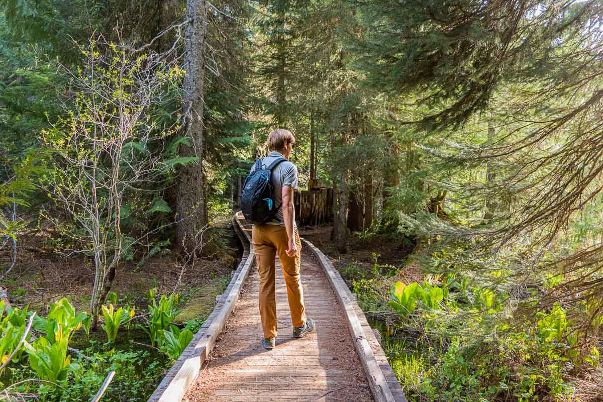 Michael walking on a wooded boardwalk trail