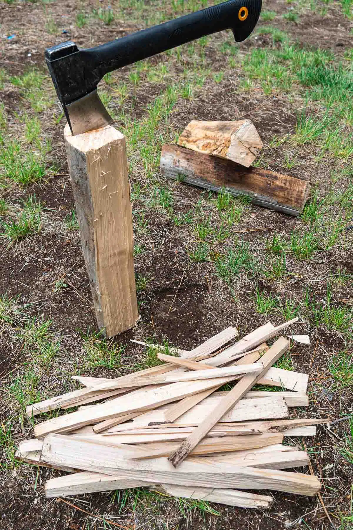 A pile of kindling-sized wood