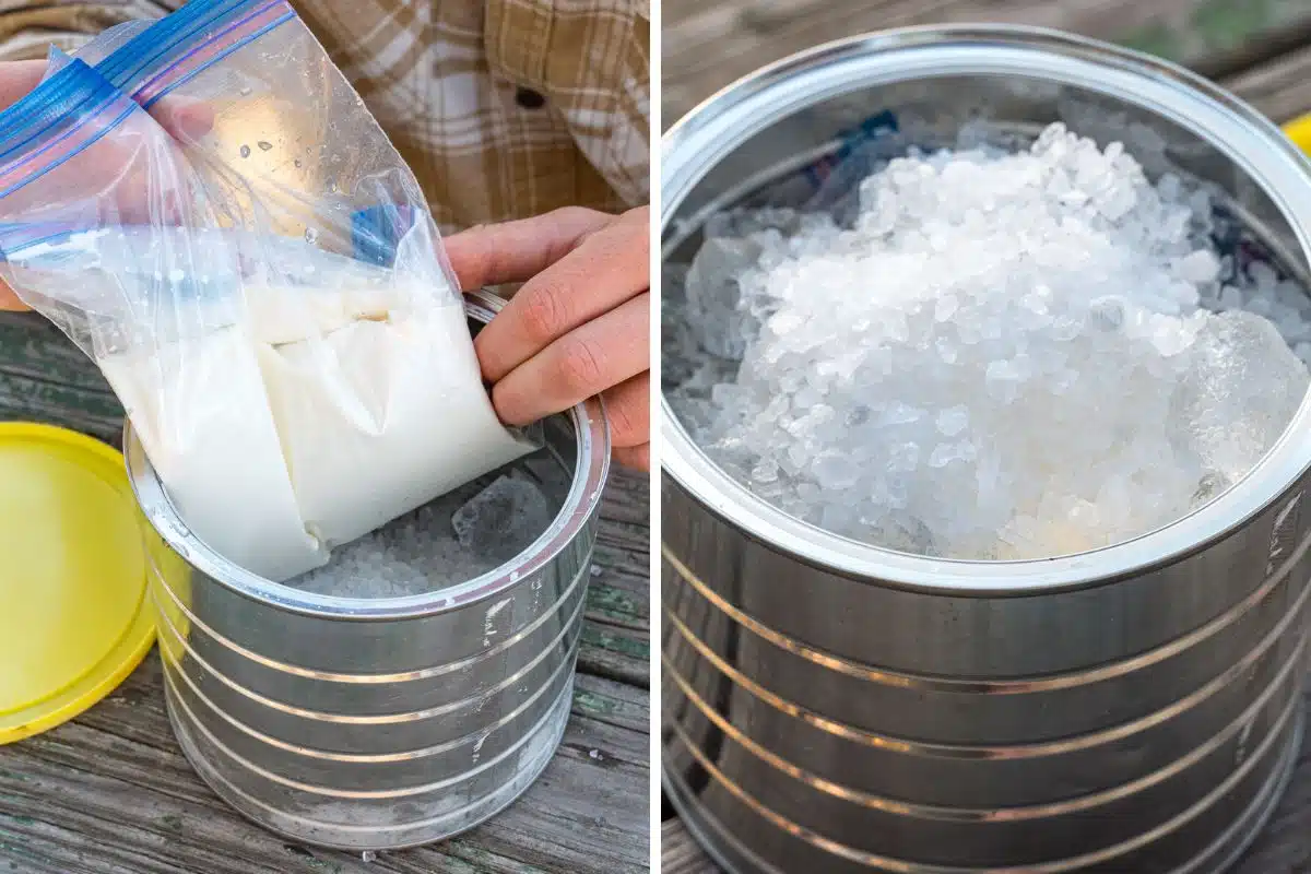 Adding the bags to a coffee can with ice and rock salt.