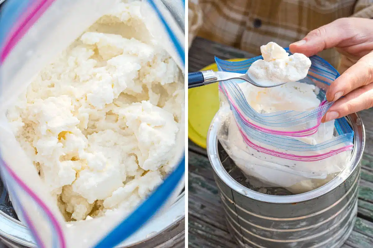 Finished ice cream in a bag.