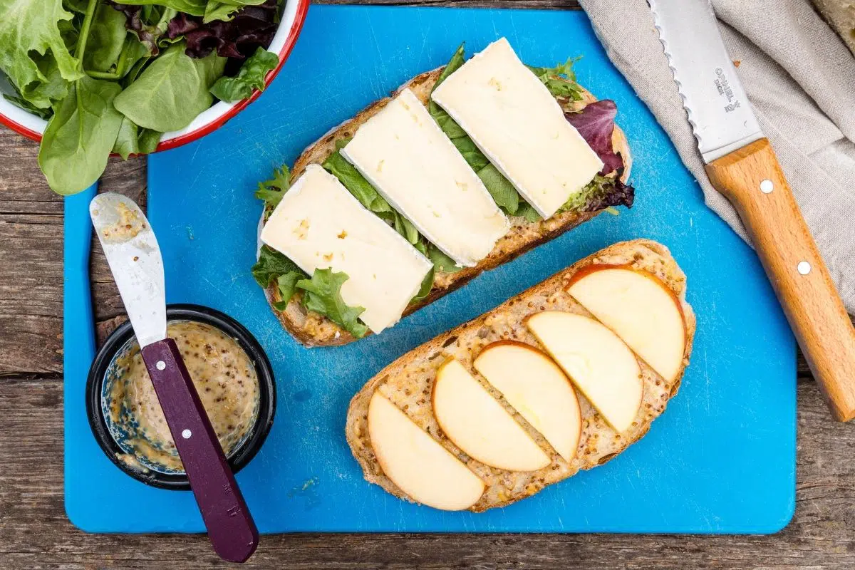 Grilled cheese assembly on a cutting board