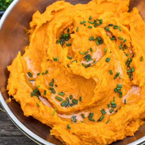 Mashed sweet potatoes in a bowl