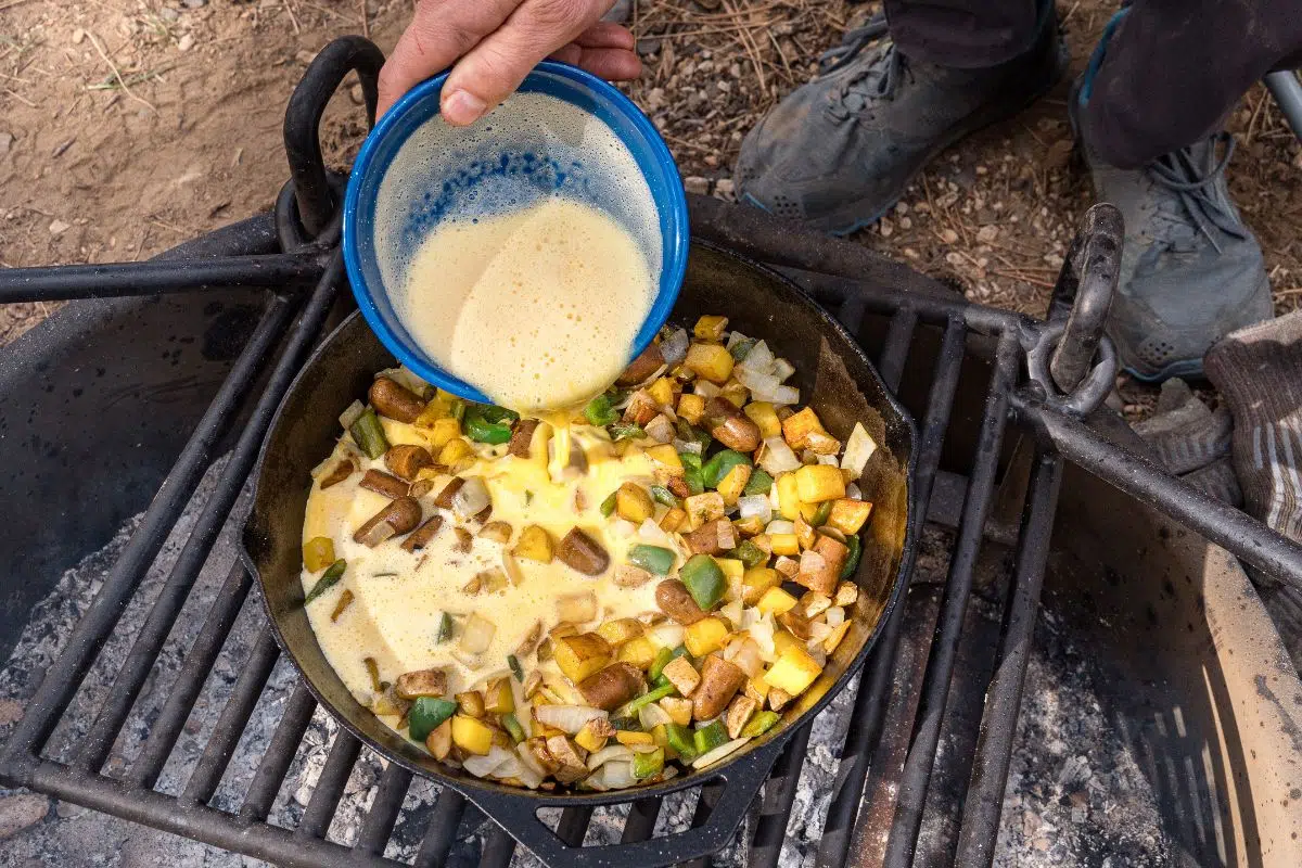 Adding eggs to a cast iron skillet