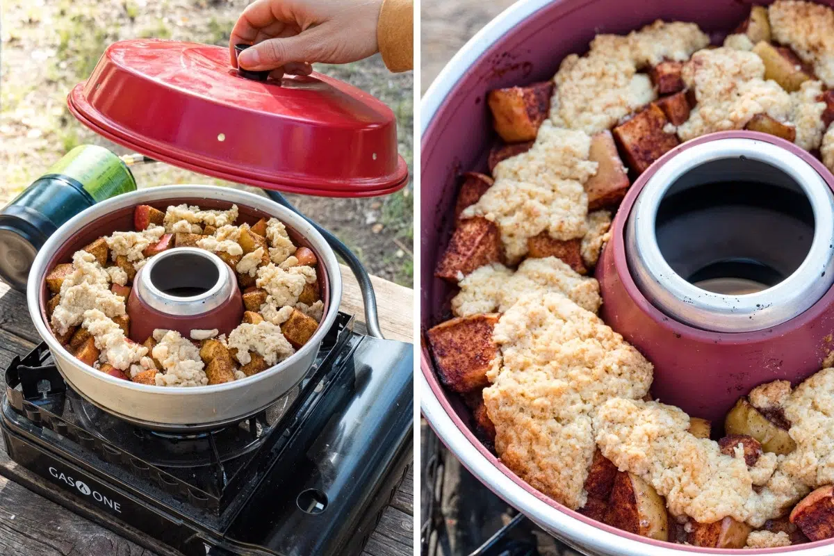 Megan placing a lid on the omnia oven | Baked apple cobbler detail