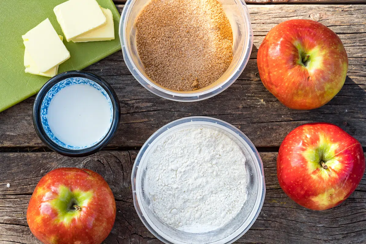 Ingredients for apple cobbler on a table