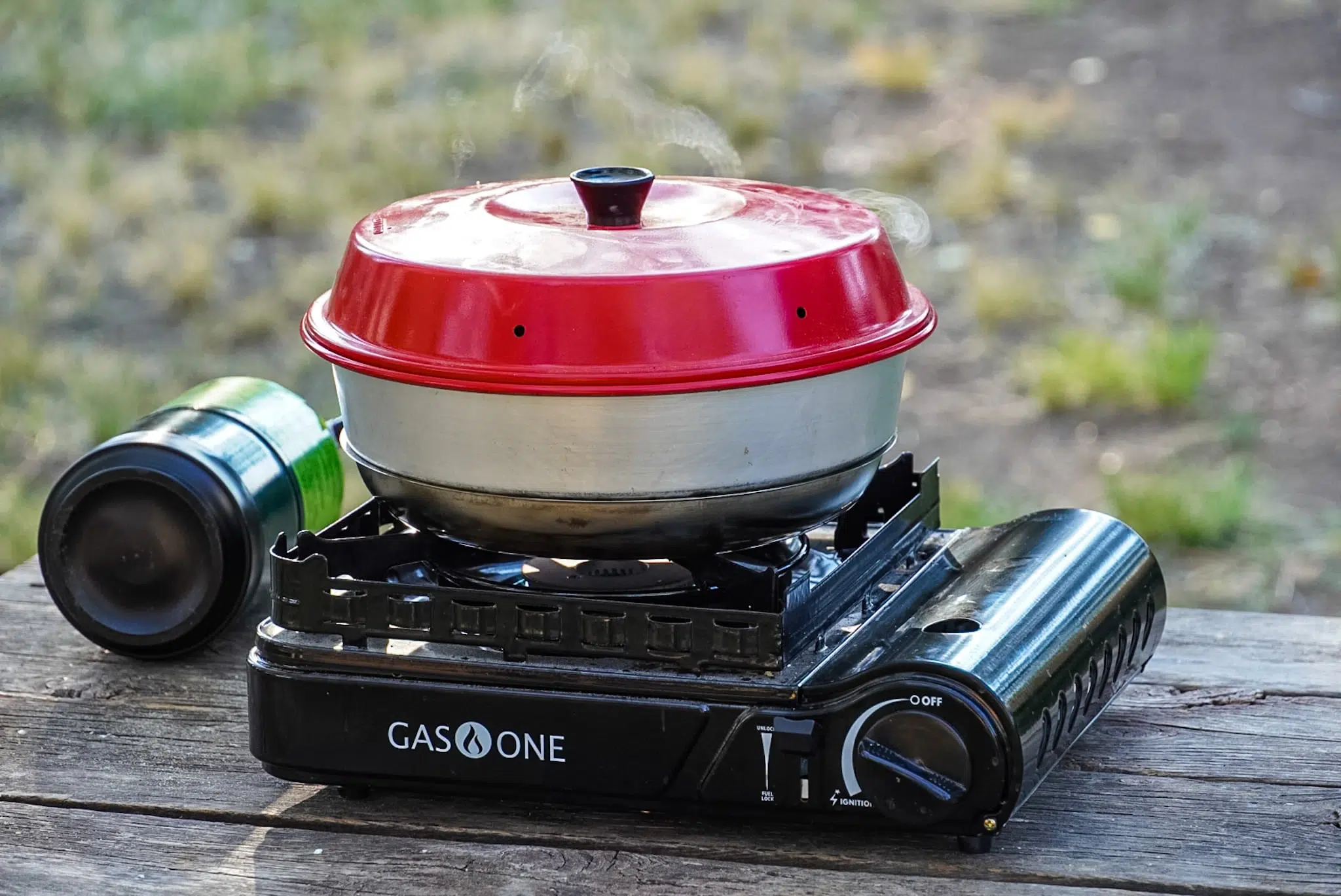 An omnia oven on a single burner camping stove