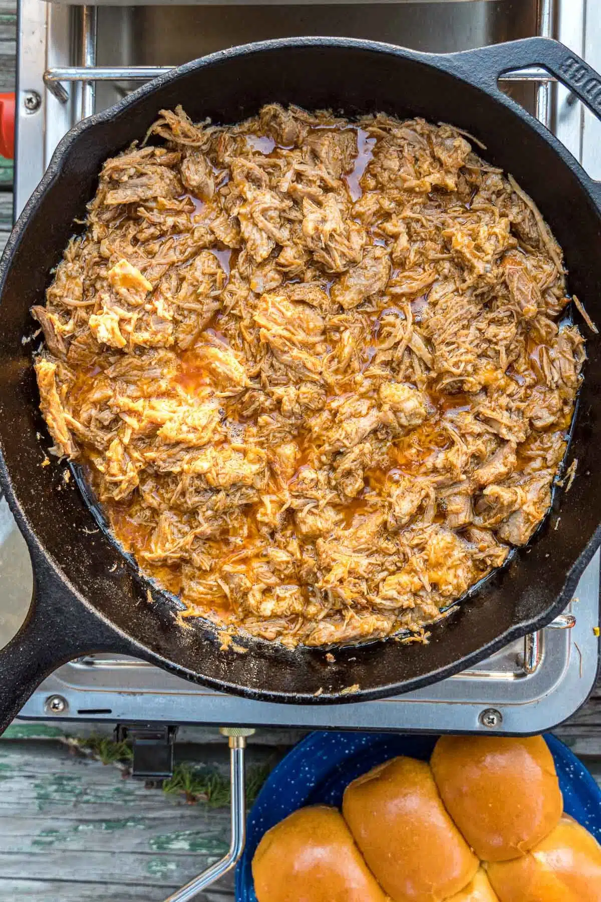 Pulled pork in a cast iron skillet.