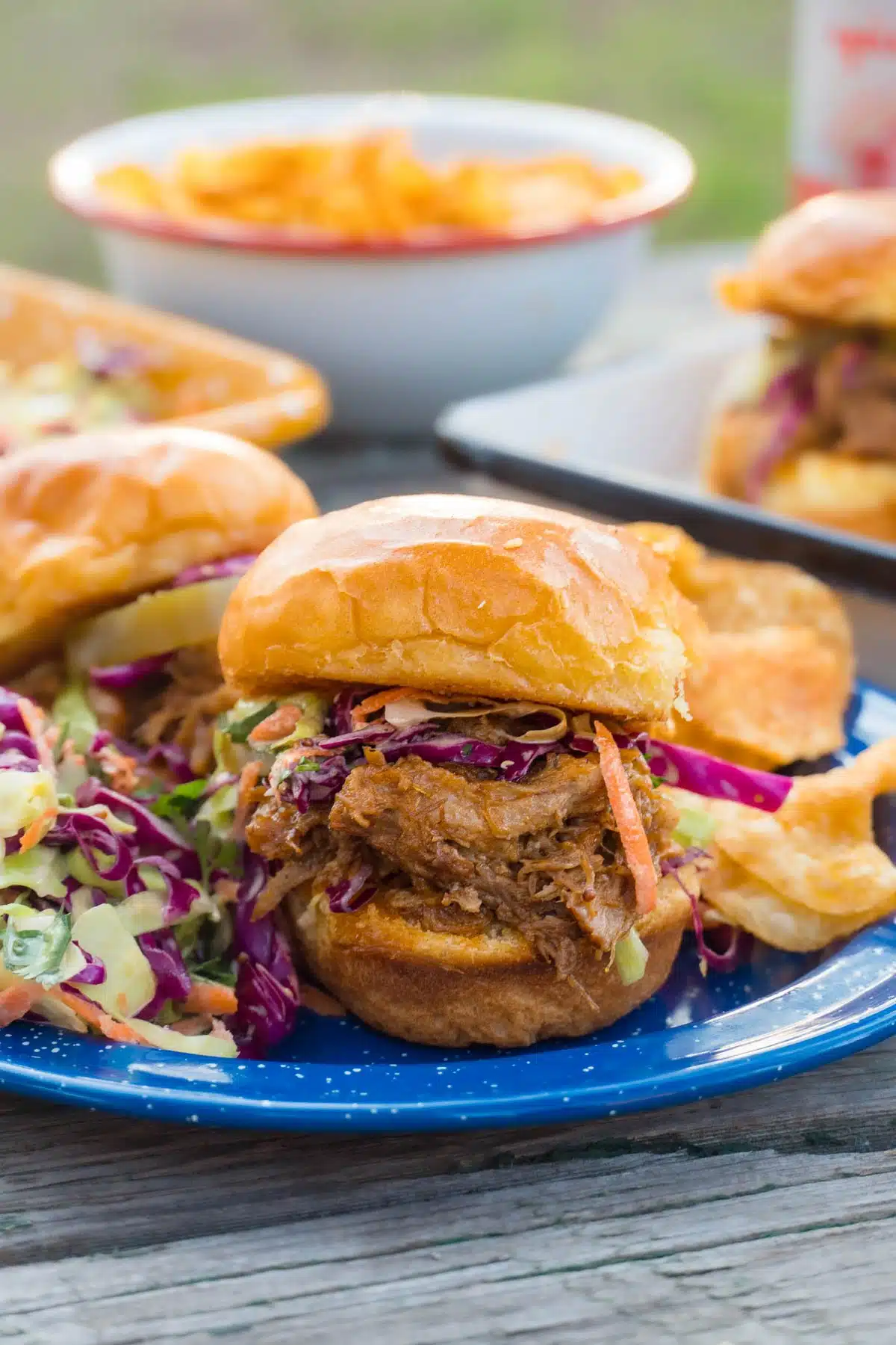 A pulled pork slider on a blue camping plate.