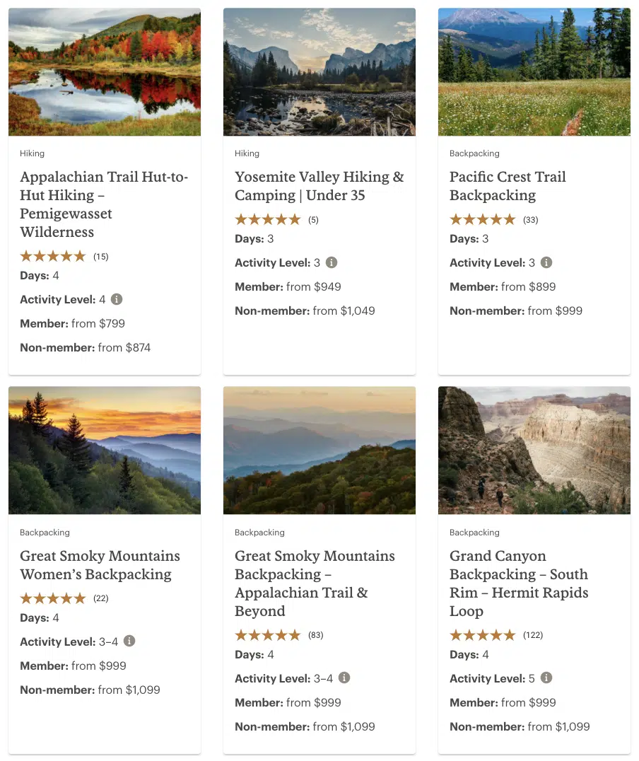 Example of REI's adventure trips website