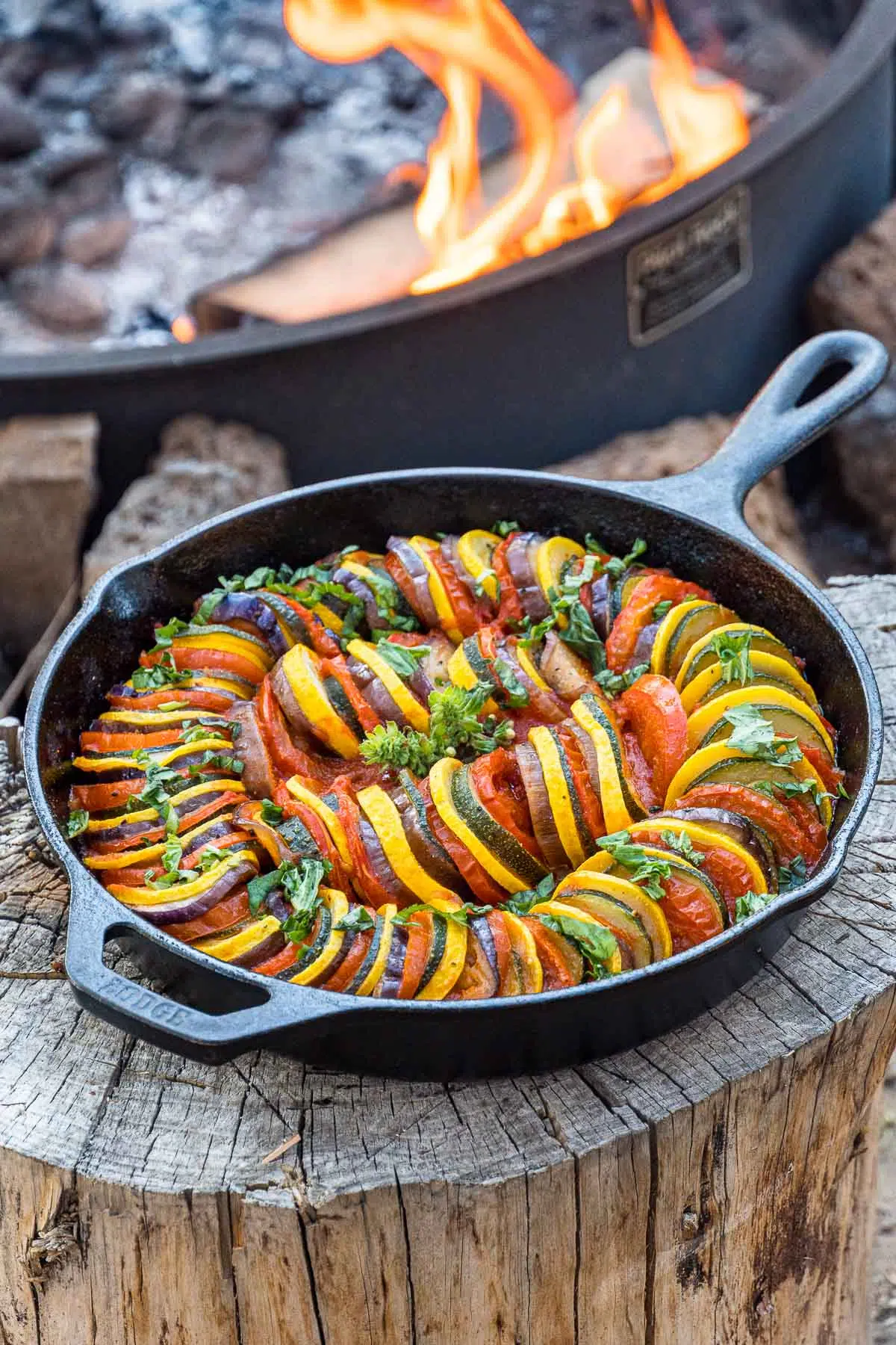 Ratatouille in a skillet with a campfire in the background