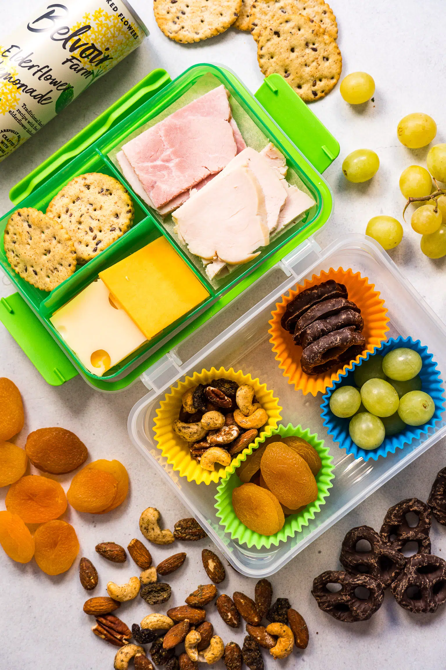 Ingredients for turkey, ham, and cheese snack box