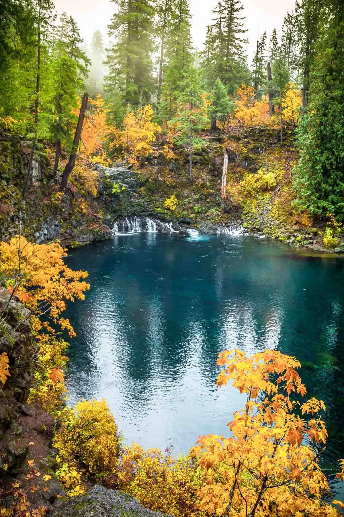 Orange and yellow autumn leaves framing the Blue Pool