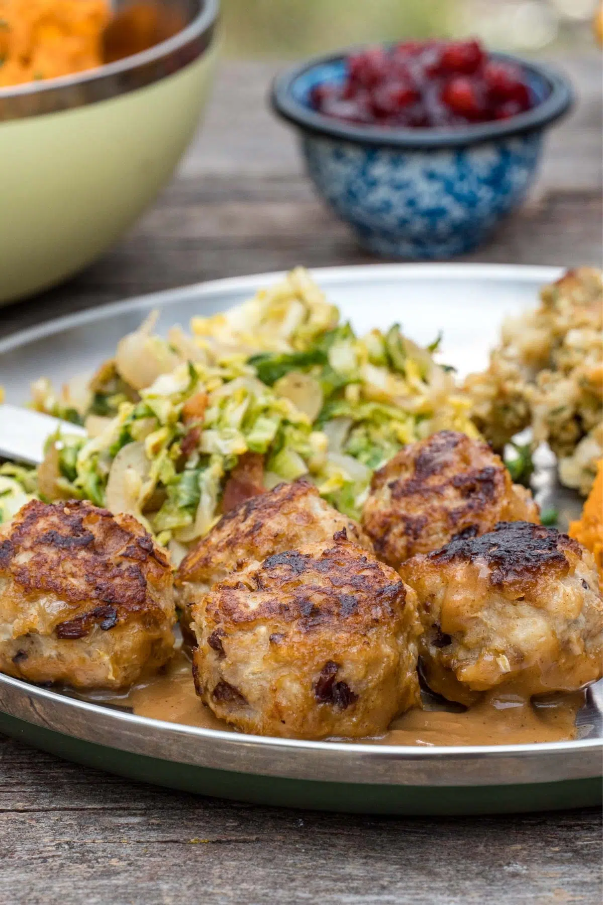 Turkey meatballs and gravy on a plate