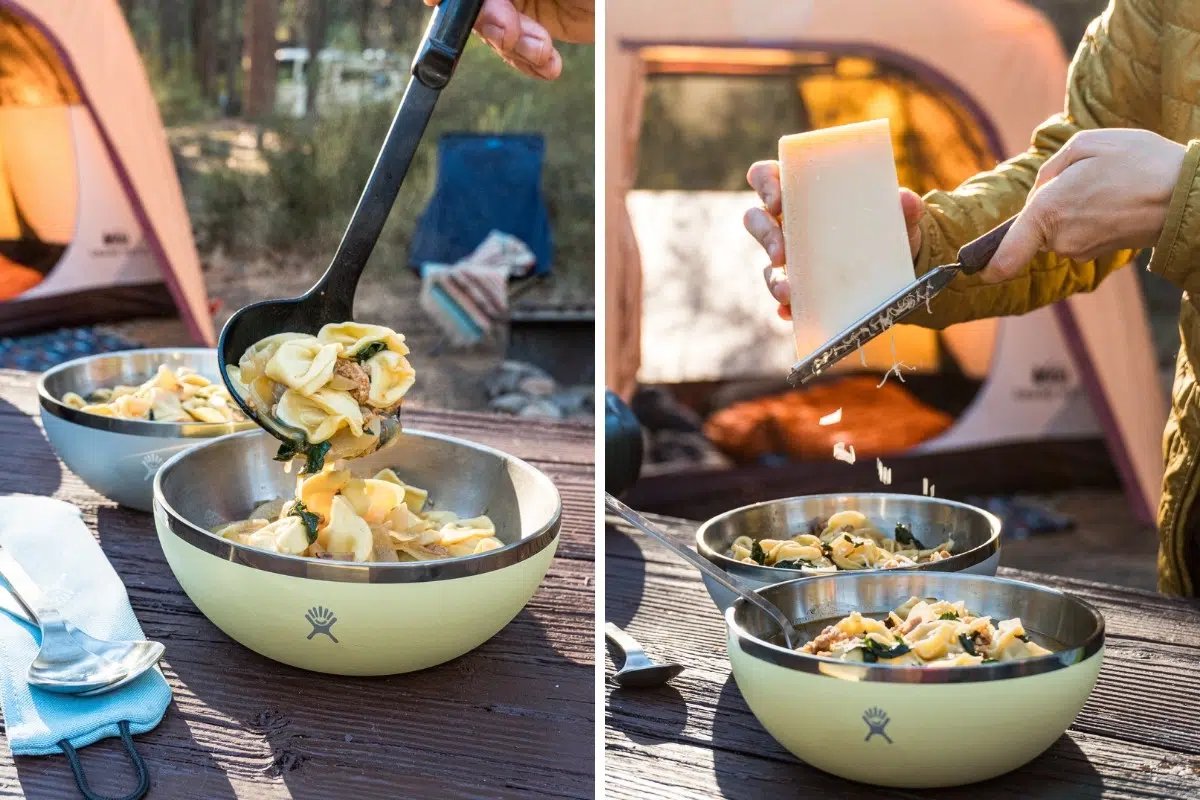 Ladling tortellini soup into a bowl | Grating parmesan cheese over soup