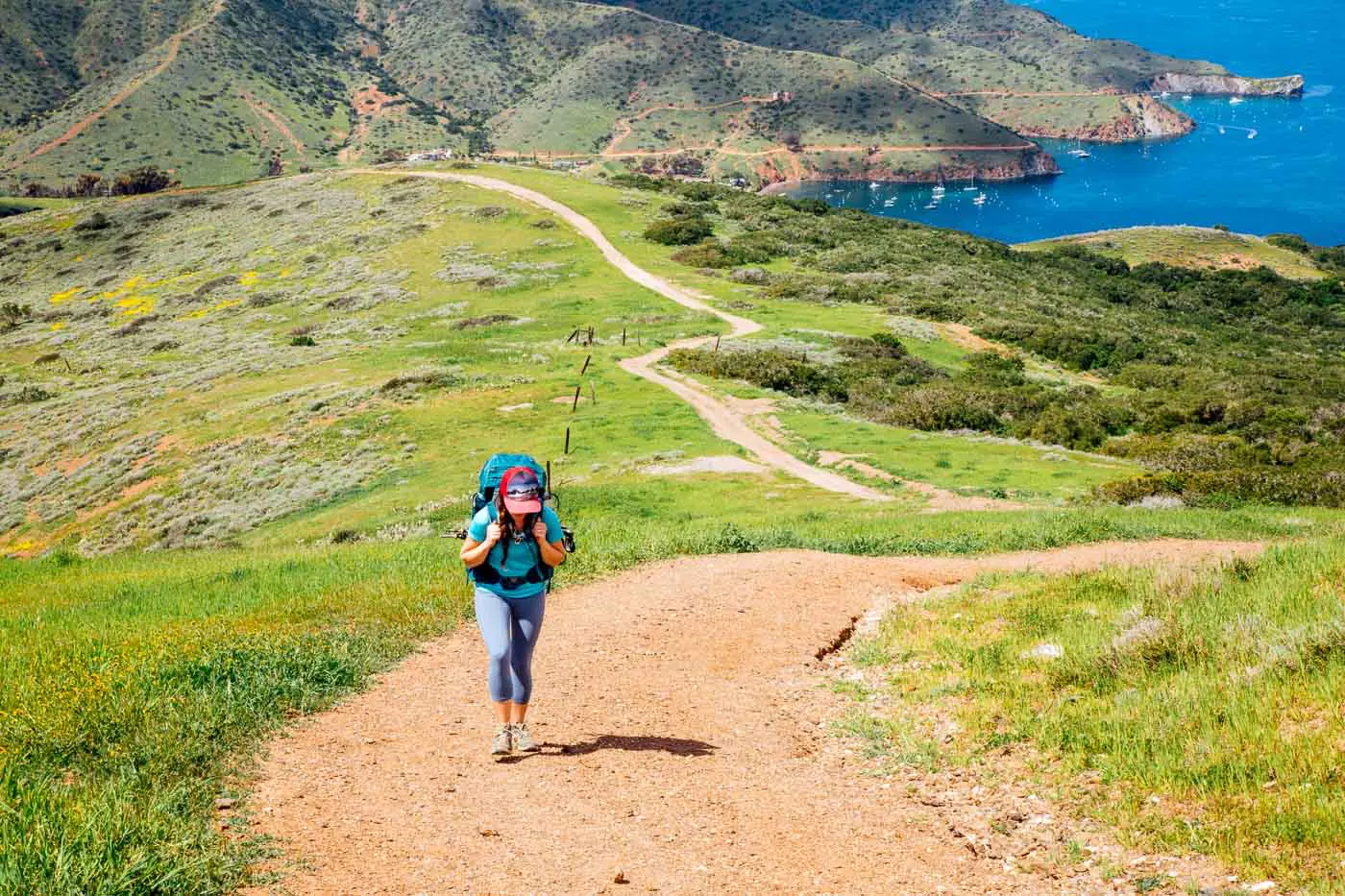 A woman hiking up a steep winding hill on the Trans Catalina Trail