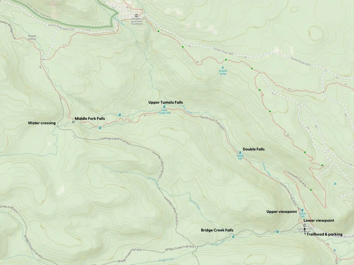 Topographic map of the area surrounding Tumalo Falls