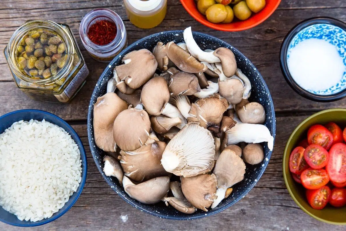 Ingredients for vegan paella on a table