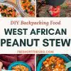 Pinterest graphic with text overlay reading "DIY backpacking food West African sweet potato stew"