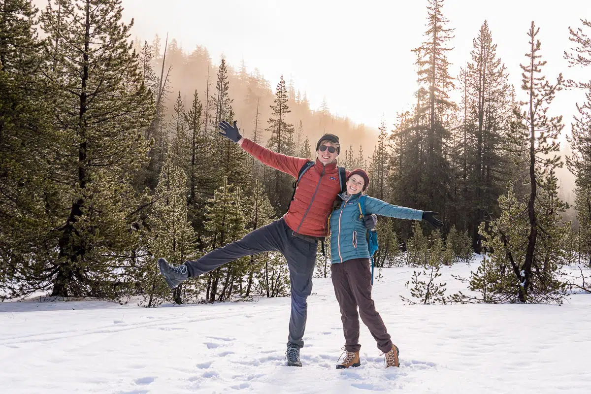  Michael and Megan being silly for the camera on a snowy trail